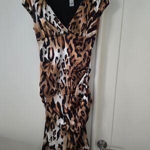 Cache Leopard-Print Wrap Midi Dress - Brown/Black/Cream